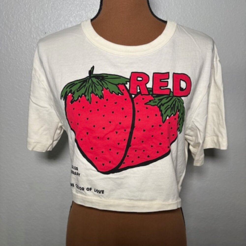 Farm Rio (Anthropologie) Red Strawberry Graphic Crop Top - Cream